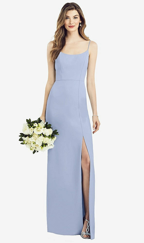 Front View - Sky Blue Spaghetti Strap V-Back Crepe Gown with Front Slit