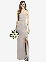Front View Thumbnail - Taupe Spaghetti Strap V-Back Crepe Gown with Front Slit