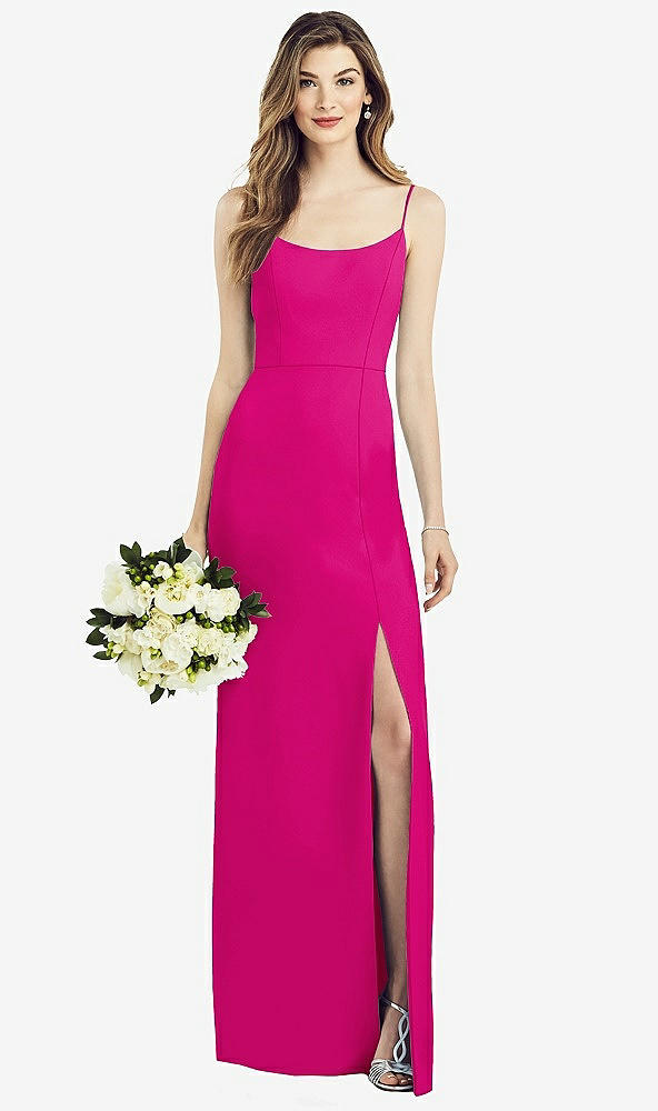 Front View - Think Pink Spaghetti Strap V-Back Crepe Gown with Front Slit