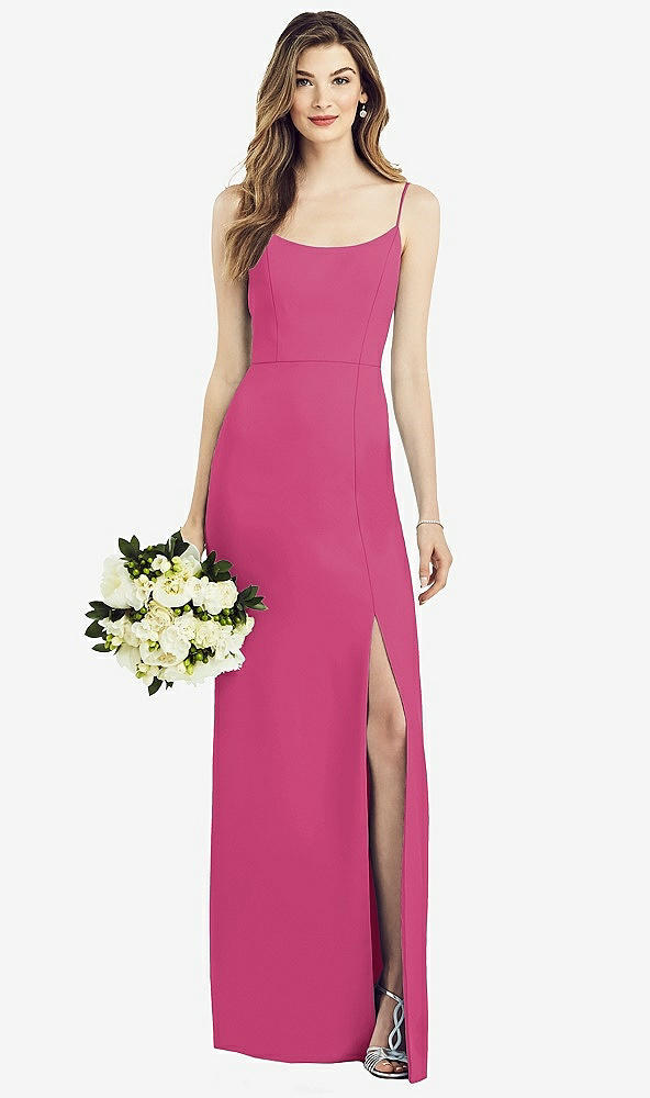 Front View - Tea Rose Spaghetti Strap V-Back Crepe Gown with Front Slit