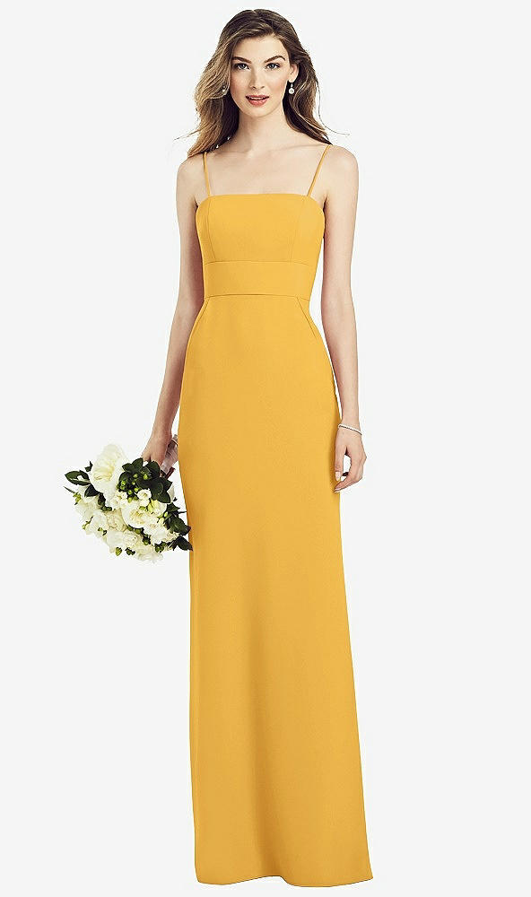 Front View - NYC Yellow Spaghetti Strap A-line Crepe Dress with Pockets