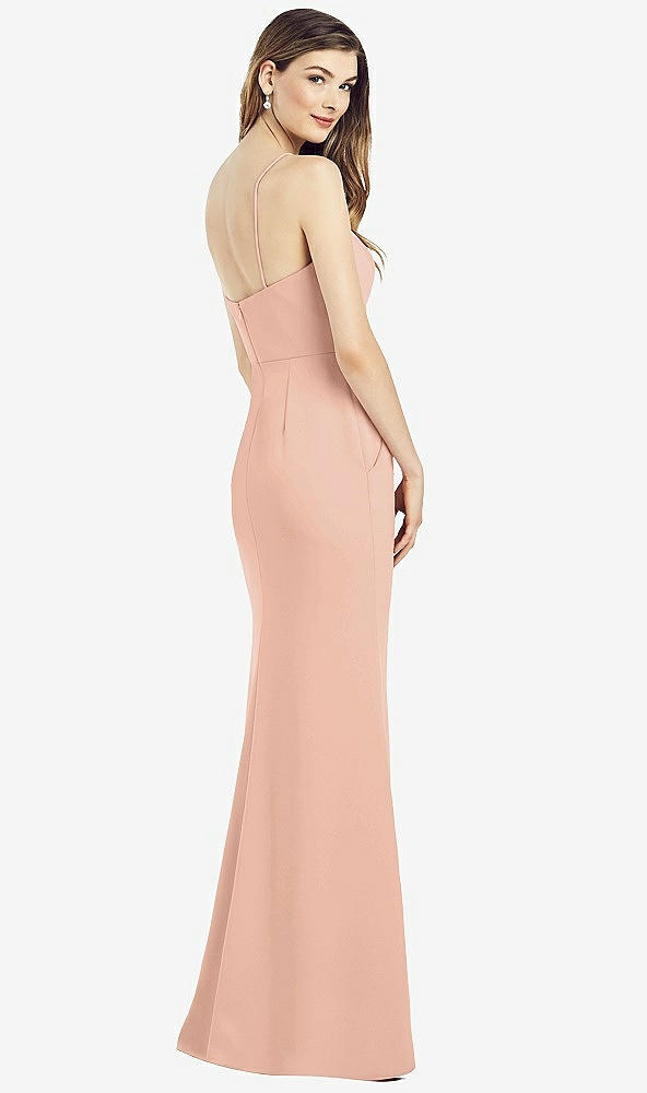 Back View - Pale Peach Spaghetti Strap A-line Crepe Dress with Pockets