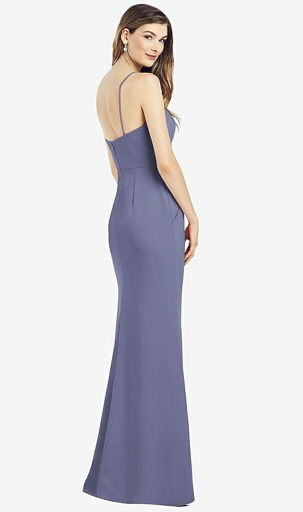 Back View - French Blue Spaghetti Strap A-line Crepe Dress with Pockets