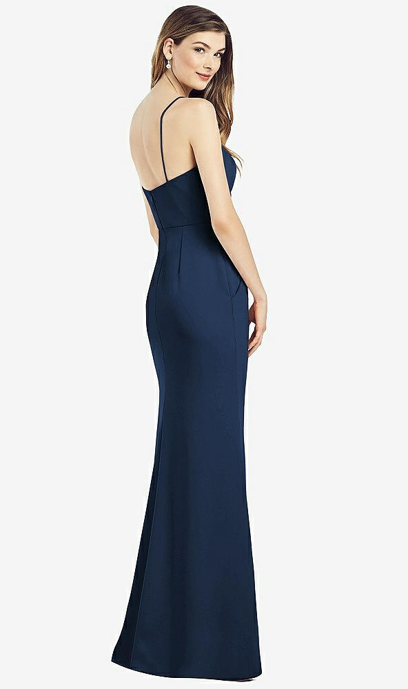 Back View - Midnight Navy Spaghetti Strap A-line Crepe Dress with Pockets