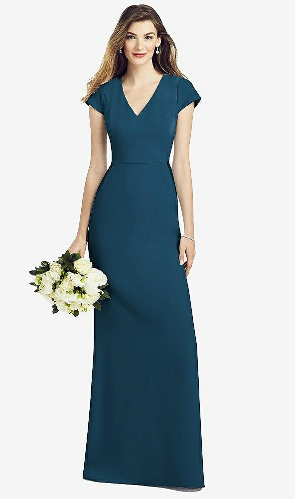 Front View - Atlantic Blue Cap Sleeve A-line Crepe Gown with Pockets