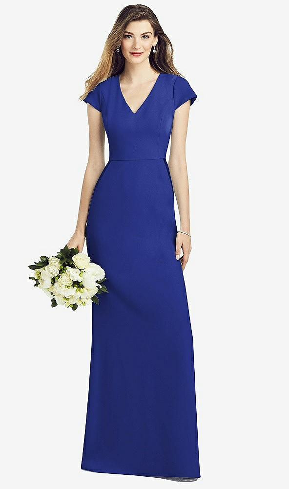 Front View - Cobalt Blue Cap Sleeve A-line Crepe Gown with Pockets