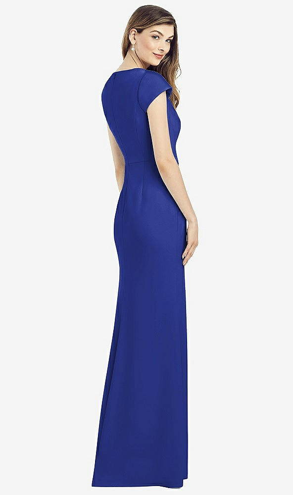 Back View - Cobalt Blue Cap Sleeve A-line Crepe Gown with Pockets