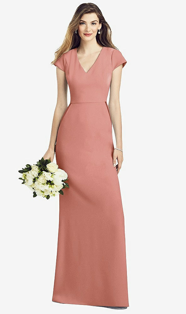 Front View - Desert Rose Cap Sleeve A-line Crepe Gown with Pockets