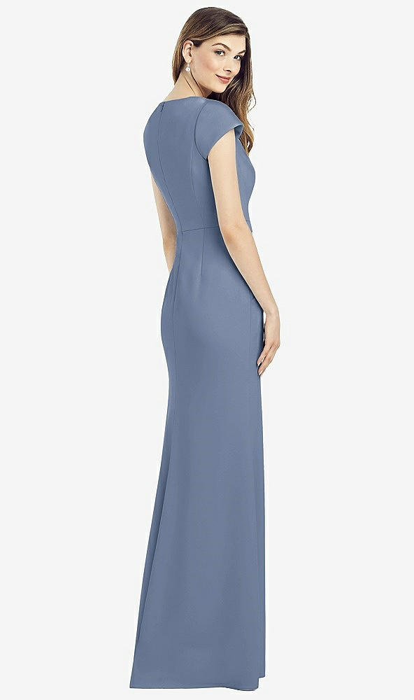 Back View - Larkspur Blue Cap Sleeve A-line Crepe Gown with Pockets