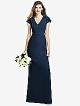 Front View Thumbnail - Midnight Navy Cap Sleeve A-line Crepe Gown with Pockets