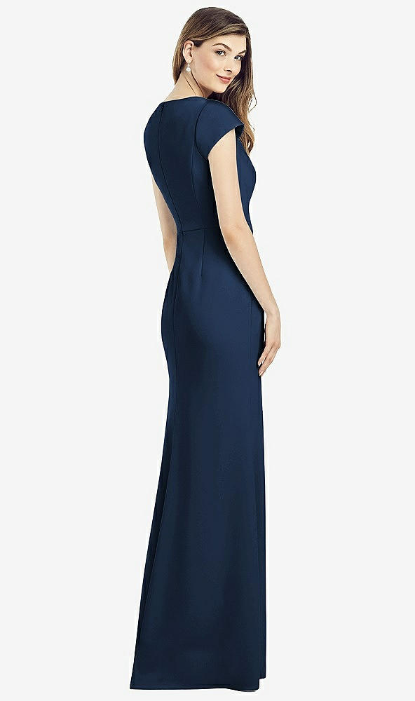 Back View - Midnight Navy Cap Sleeve A-line Crepe Gown with Pockets
