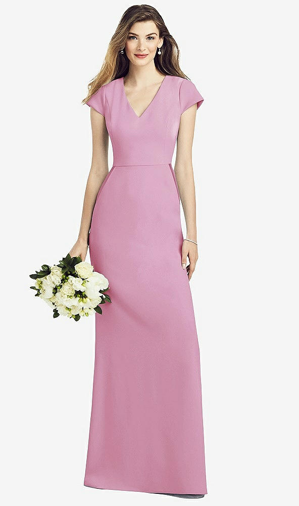 Front View - Powder Pink Cap Sleeve A-line Crepe Gown with Pockets