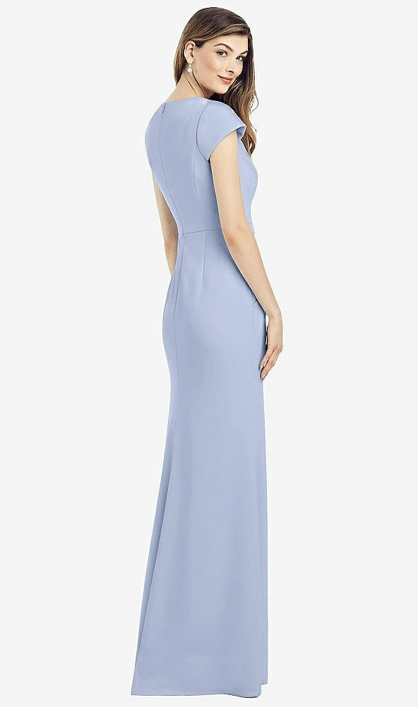 Back View - Sky Blue Cap Sleeve A-line Crepe Gown with Pockets