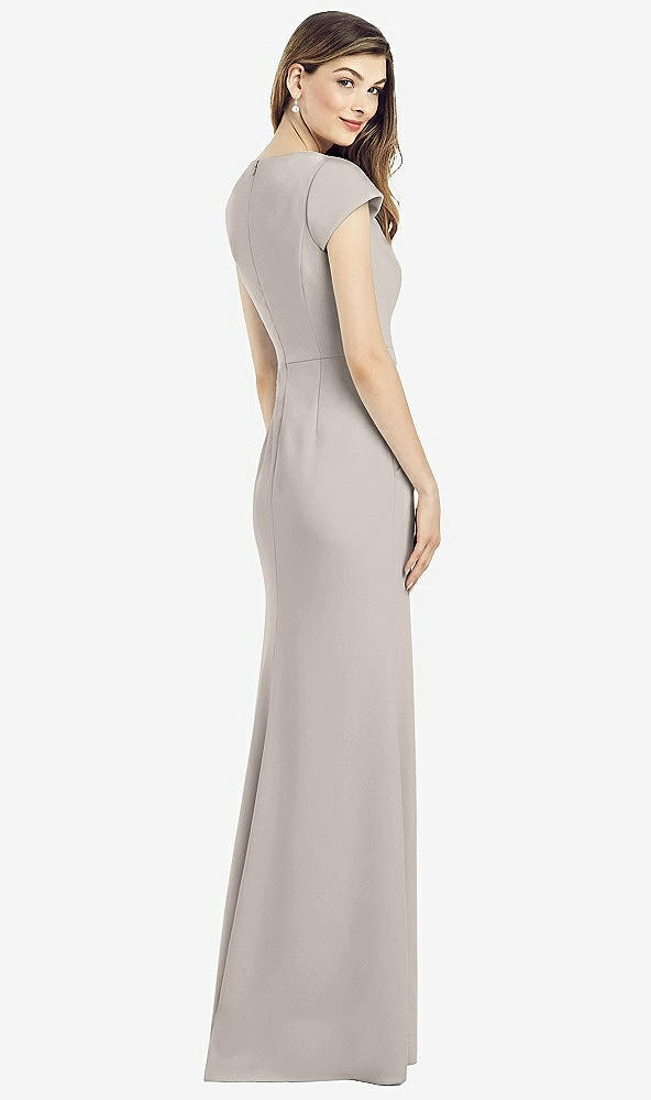 Back View - Taupe Cap Sleeve A-line Crepe Gown with Pockets