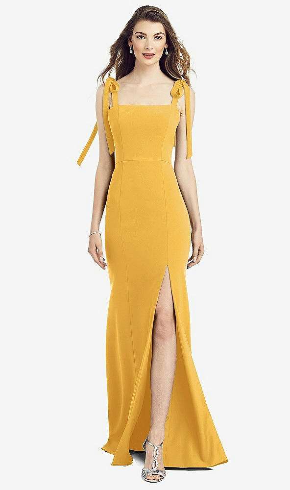 Front View - NYC Yellow Flat Tie-Shoulder Crepe Trumpet Gown with Front Slit
