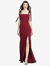 Front View Thumbnail - Burgundy Flat Tie-Shoulder Crepe Trumpet Gown with Front Slit