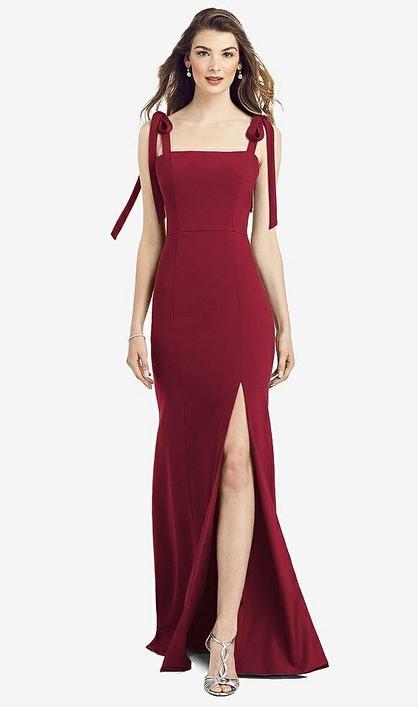 Front View - Burgundy Flat Tie-Shoulder Crepe Trumpet Gown with Front Slit