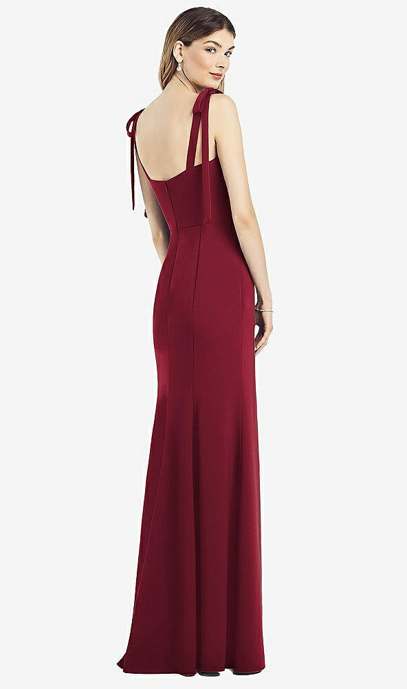 Back View - Burgundy Flat Tie-Shoulder Crepe Trumpet Gown with Front Slit