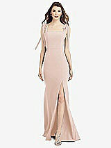 Front View Thumbnail - Cameo Flat Tie-Shoulder Crepe Trumpet Gown with Front Slit