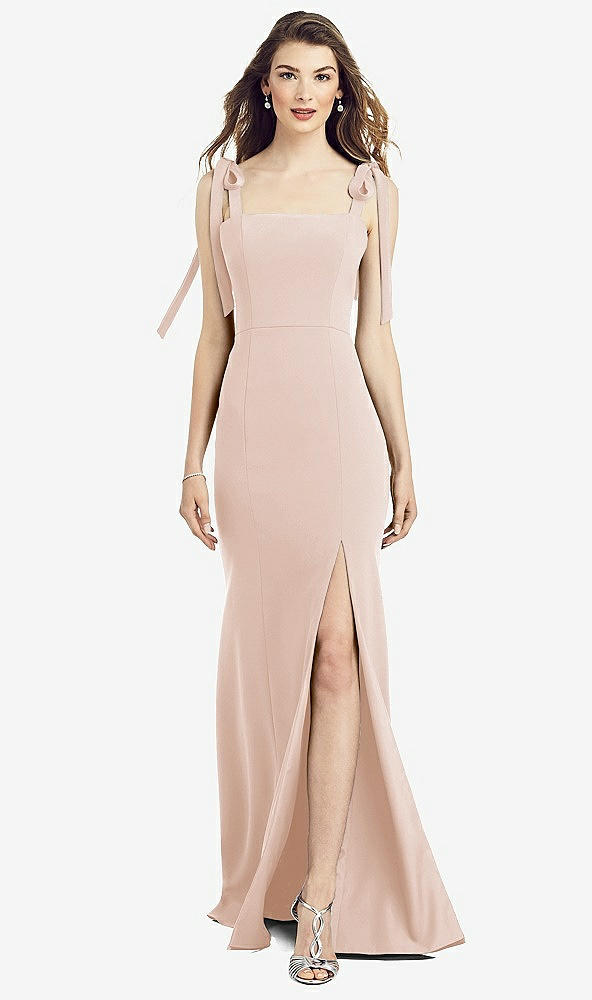 Front View - Cameo Flat Tie-Shoulder Crepe Trumpet Gown with Front Slit