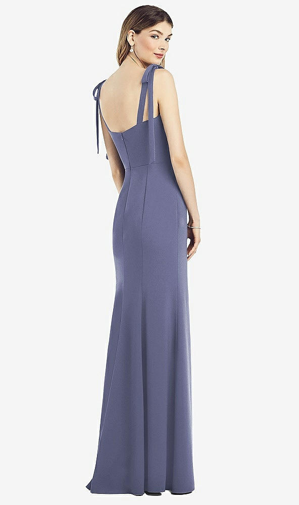 Back View - French Blue Flat Tie-Shoulder Crepe Trumpet Gown with Front Slit