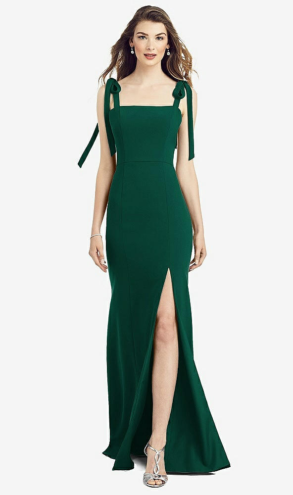 Front View - Hunter Green Flat Tie-Shoulder Crepe Trumpet Gown with Front Slit