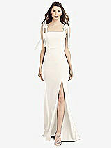 Front View Thumbnail - Ivory Flat Tie-Shoulder Crepe Trumpet Gown with Front Slit