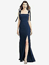 Front View Thumbnail - Midnight Navy Flat Tie-Shoulder Crepe Trumpet Gown with Front Slit