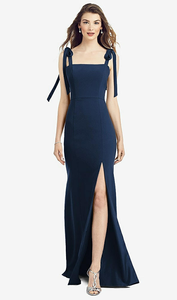 Front View - Midnight Navy Flat Tie-Shoulder Crepe Trumpet Gown with Front Slit
