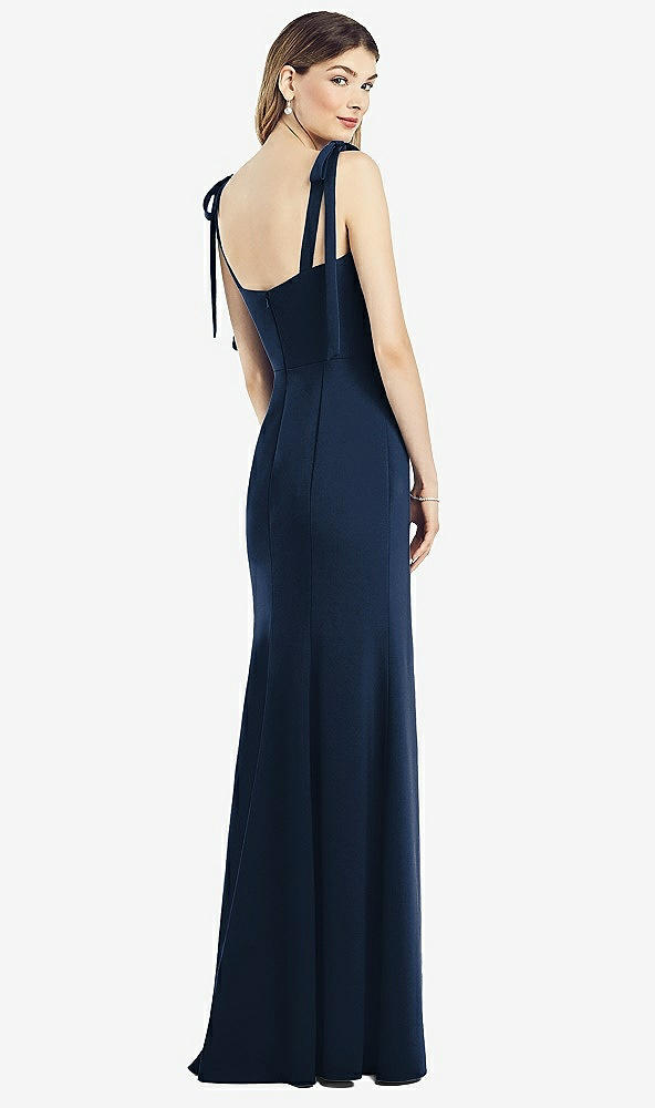 Back View - Midnight Navy Flat Tie-Shoulder Crepe Trumpet Gown with Front Slit