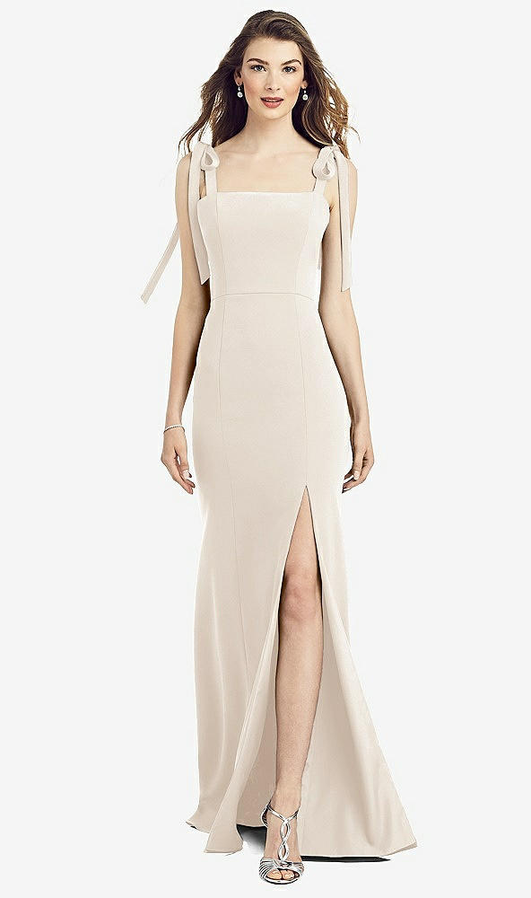 Front View - Oat Flat Tie-Shoulder Crepe Trumpet Gown with Front Slit