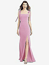 Front View Thumbnail - Powder Pink Flat Tie-Shoulder Crepe Trumpet Gown with Front Slit