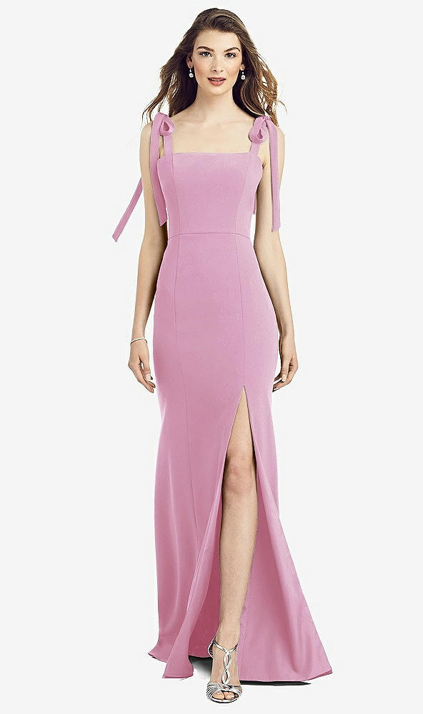 Front View - Powder Pink Flat Tie-Shoulder Crepe Trumpet Gown with Front Slit