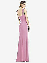 Rear View Thumbnail - Powder Pink Flat Tie-Shoulder Crepe Trumpet Gown with Front Slit