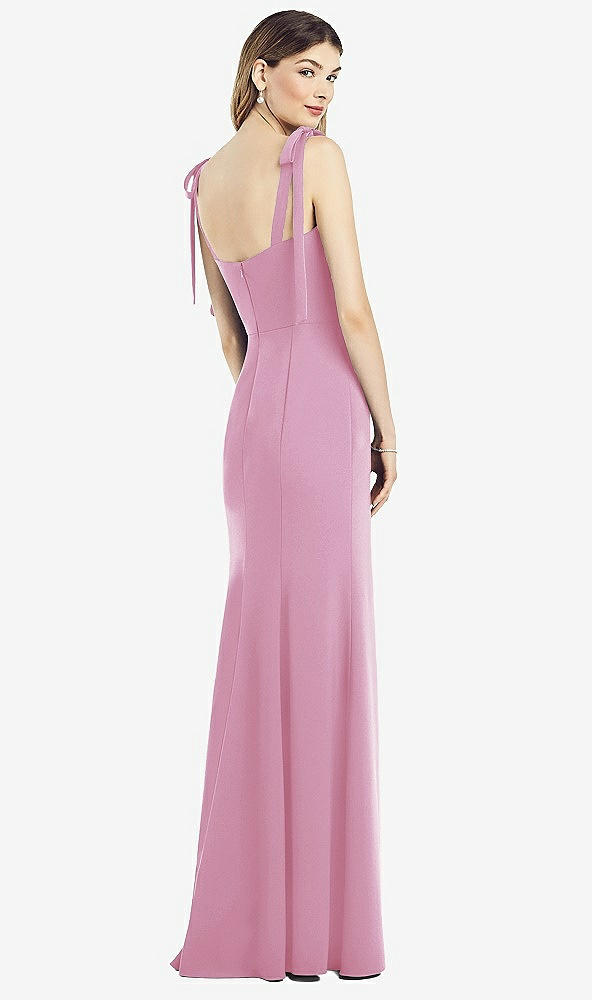 Back View - Powder Pink Flat Tie-Shoulder Crepe Trumpet Gown with Front Slit