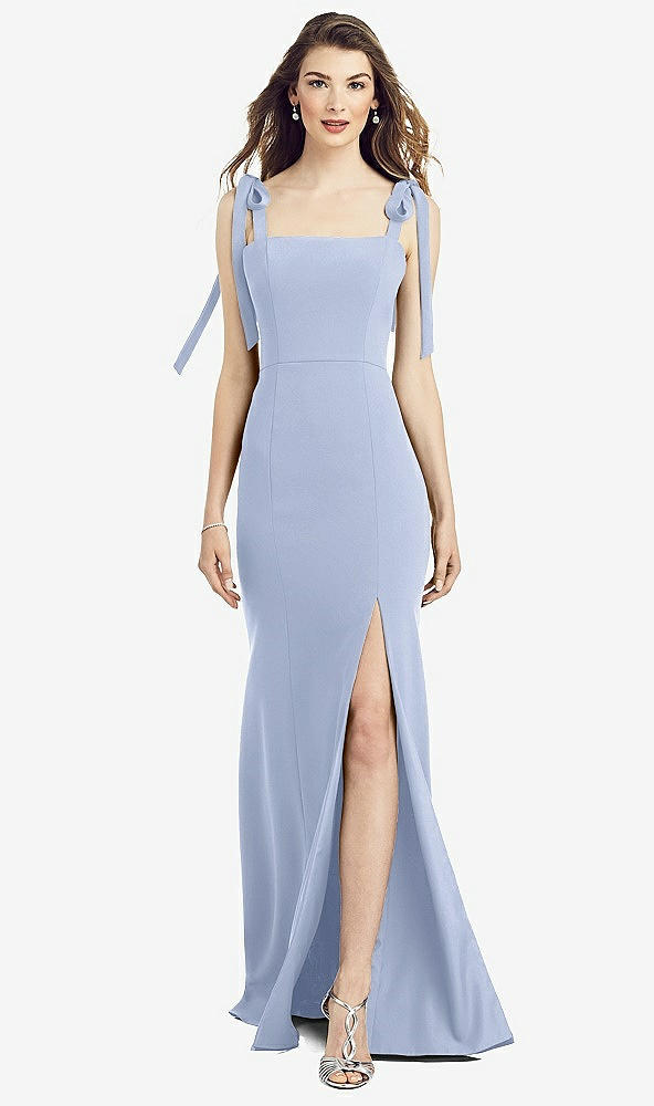 Front View - Sky Blue Flat Tie-Shoulder Crepe Trumpet Gown with Front Slit