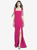 Front View Thumbnail - Think Pink Flat Tie-Shoulder Crepe Trumpet Gown with Front Slit
