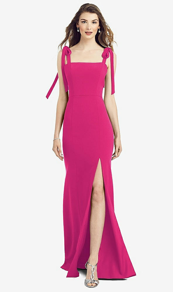 Front View - Think Pink Flat Tie-Shoulder Crepe Trumpet Gown with Front Slit