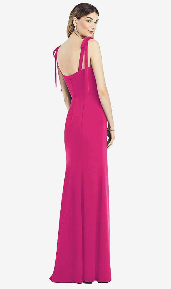 Back View - Think Pink Flat Tie-Shoulder Crepe Trumpet Gown with Front Slit