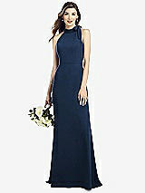 Rear View Thumbnail - Midnight Navy Bow-Neck Open-Back Trumpet Gown