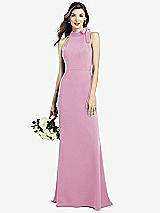 Rear View Thumbnail - Powder Pink Bow-Neck Open-Back Trumpet Gown