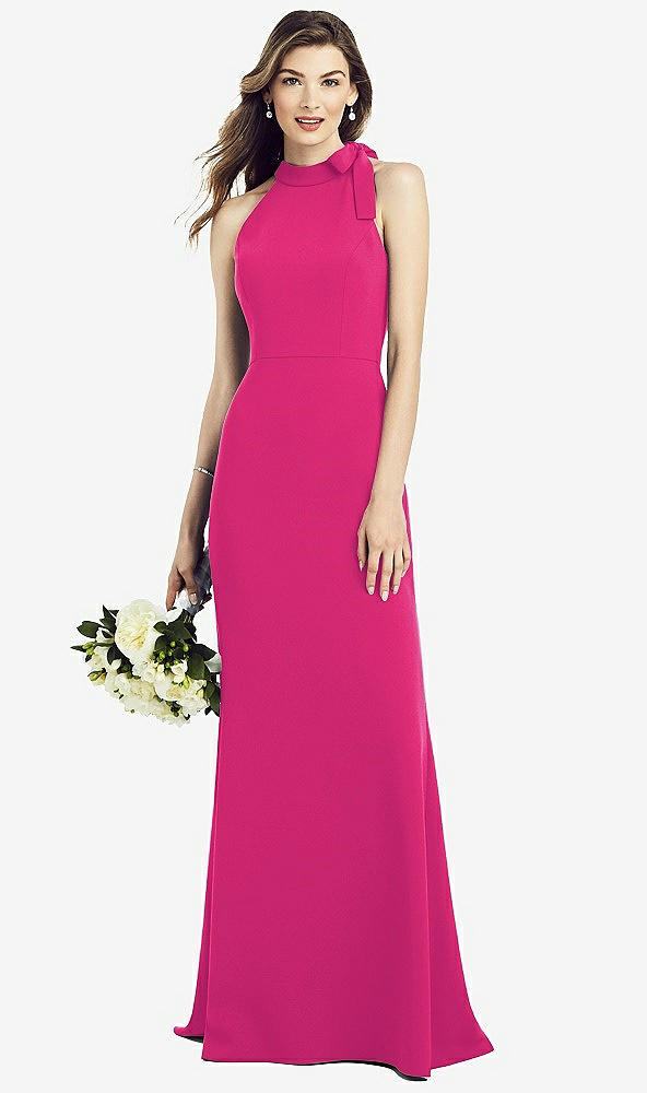 Back View - Think Pink Bow-Neck Open-Back Trumpet Gown