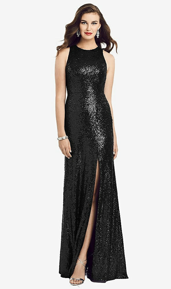 Front View - Black Long Sequin Sleeveless Gown with Front Slit