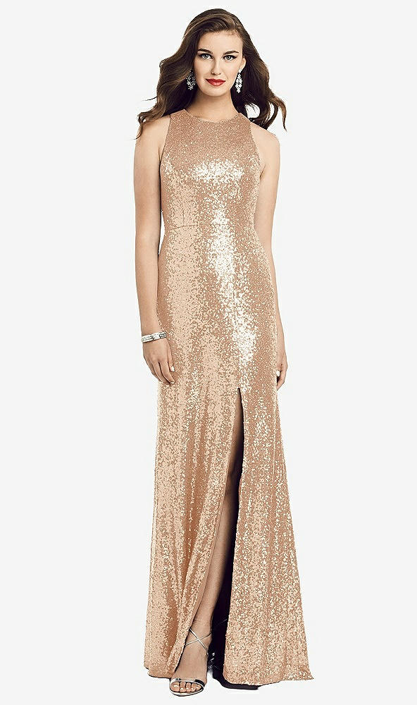 Front View - Rose Gold Long Sequin Sleeveless Gown with Front Slit