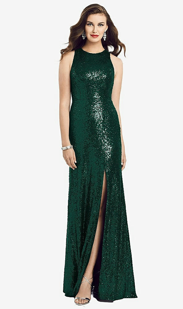 Front View - Hunter Green Long Sequin Sleeveless Gown with Front Slit