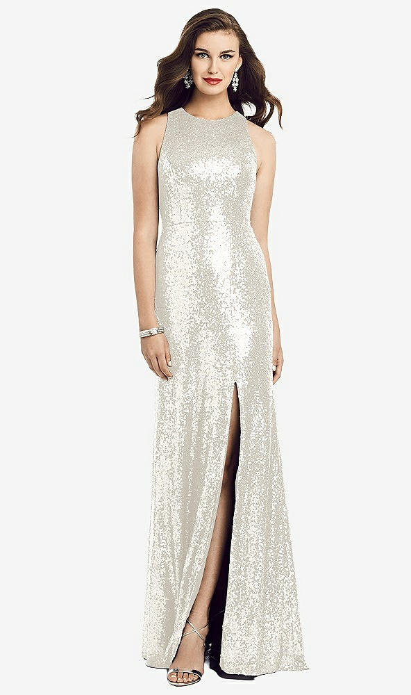 Front View - Ivory Long Sequin Sleeveless Gown with Front Slit