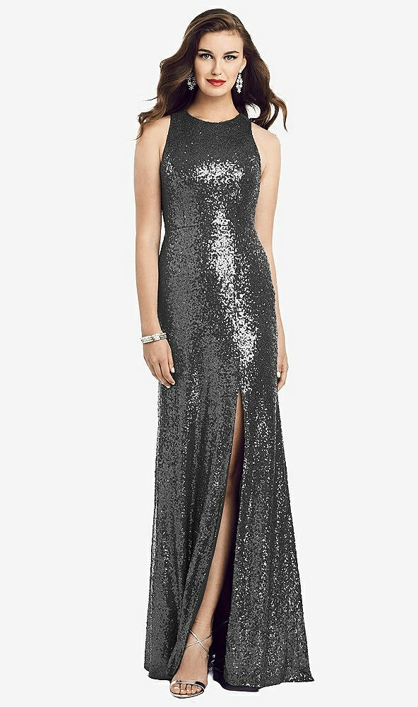 Front View - Stardust Long Sequin Sleeveless Gown with Front Slit