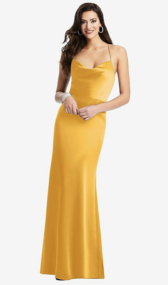 Front View - NYC Yellow Cowl-Neck Criss Cross Back Slip Dress