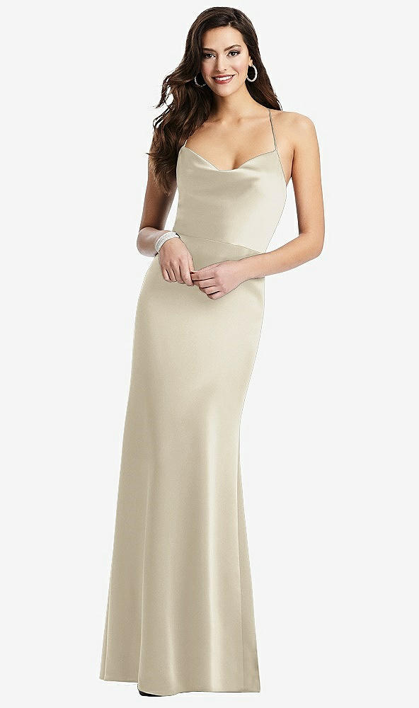 Front View - Champagne Cowl-Neck Criss Cross Back Slip Dress