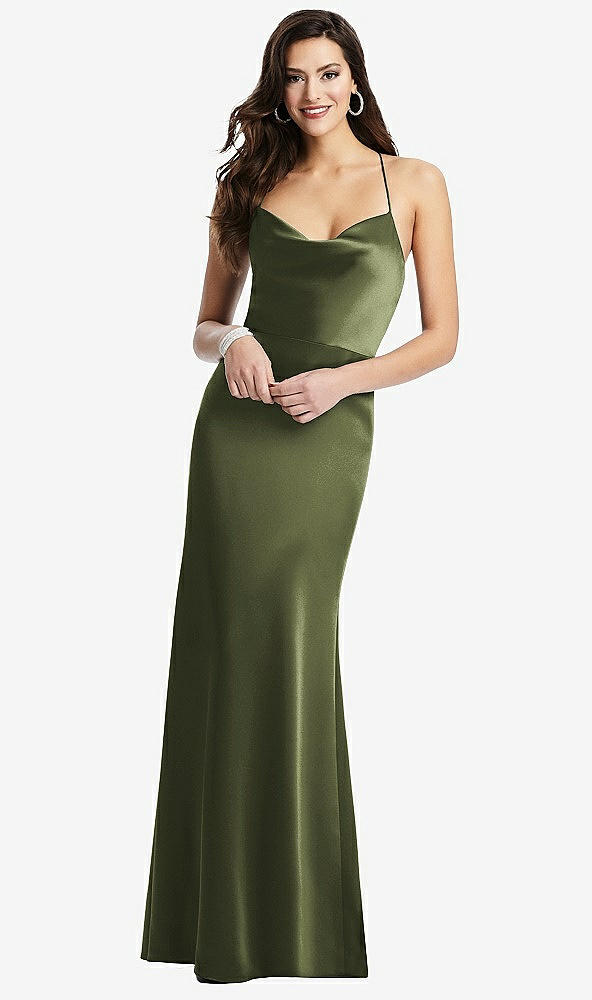 Front View - Olive Green Cowl-Neck Criss Cross Back Slip Dress